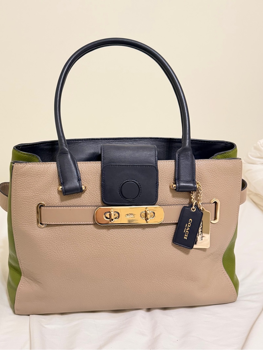 Coach Blush Tote with Navy Handles and Olive Sides